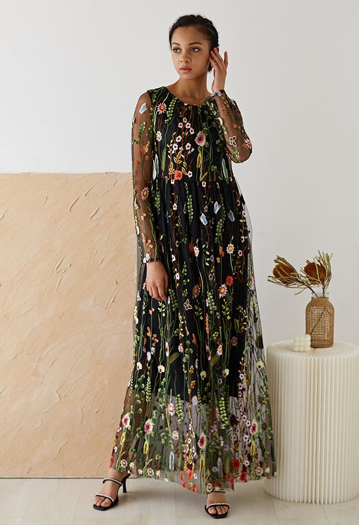 Lost in Flowering Fields Embroidered Mesh Maxi Dress in Black - Retro, Indie  and Unique Fashion