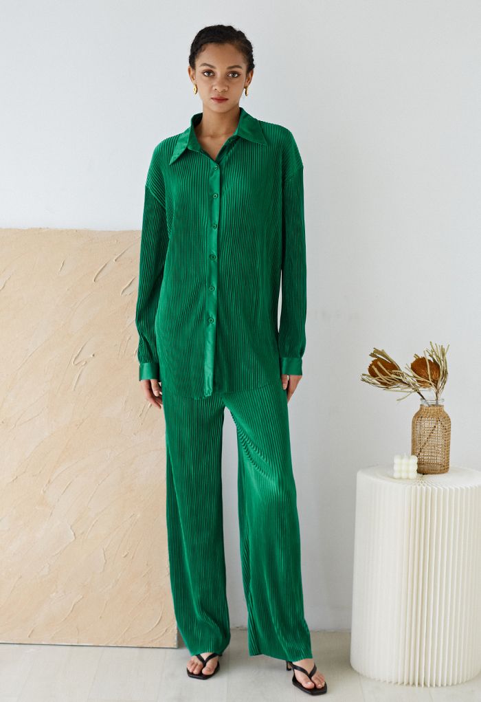 Full Pleated Plisse Shirt and Pants Set in Emerald - Retro, Indie and ...