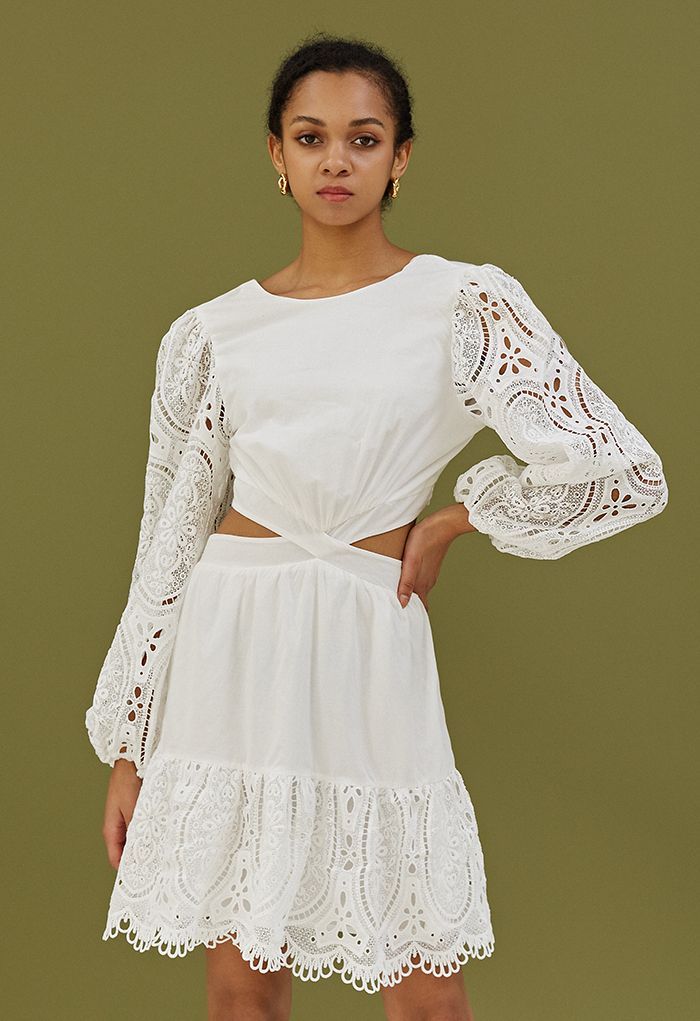 Crochet Bubble Sleeve Cutout Waist Mini Dress in White - Retro, Indie and  Unique Fashion