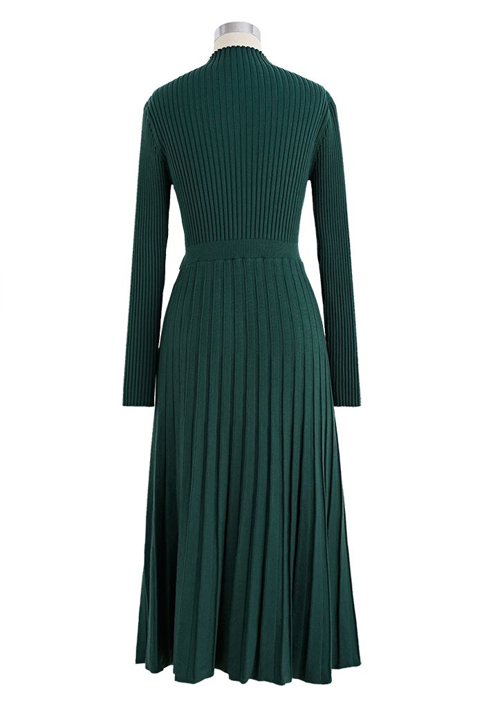 Front Pleats Splicing Belted Hi-Lo Knit Dress in Dark Green - Retro ...