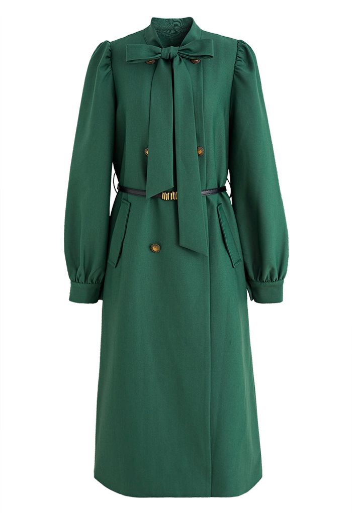 Exquisite Bowknot Double-Breasted Belted Coat in Dark Green - Retro ...