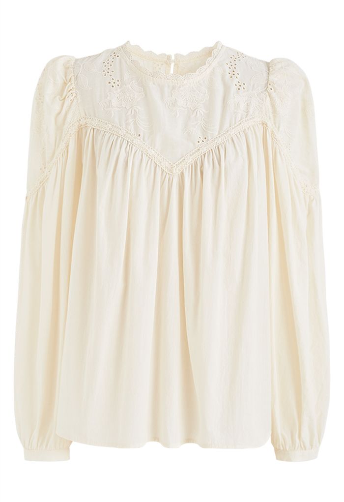 Embroidered Eyelet Puff Sleeve Dolly Top