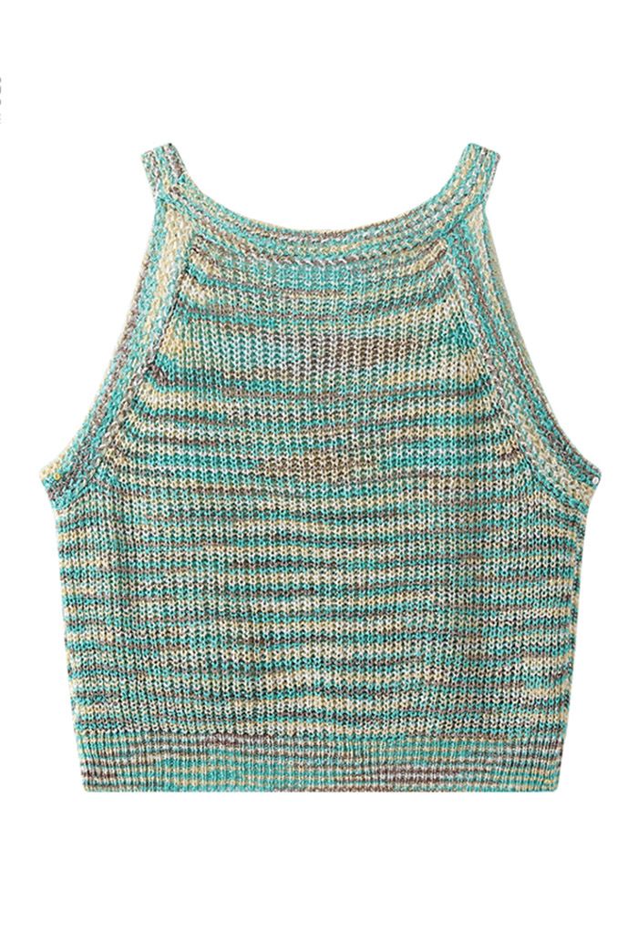 Multi-Color Halter Neck Knit Tank Top in Teal