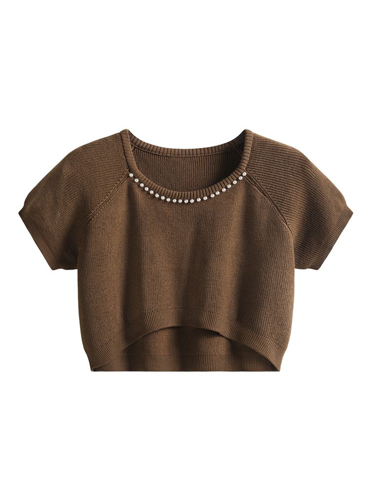 Short-Sleeve Pearly Neck Knit Top in Brown