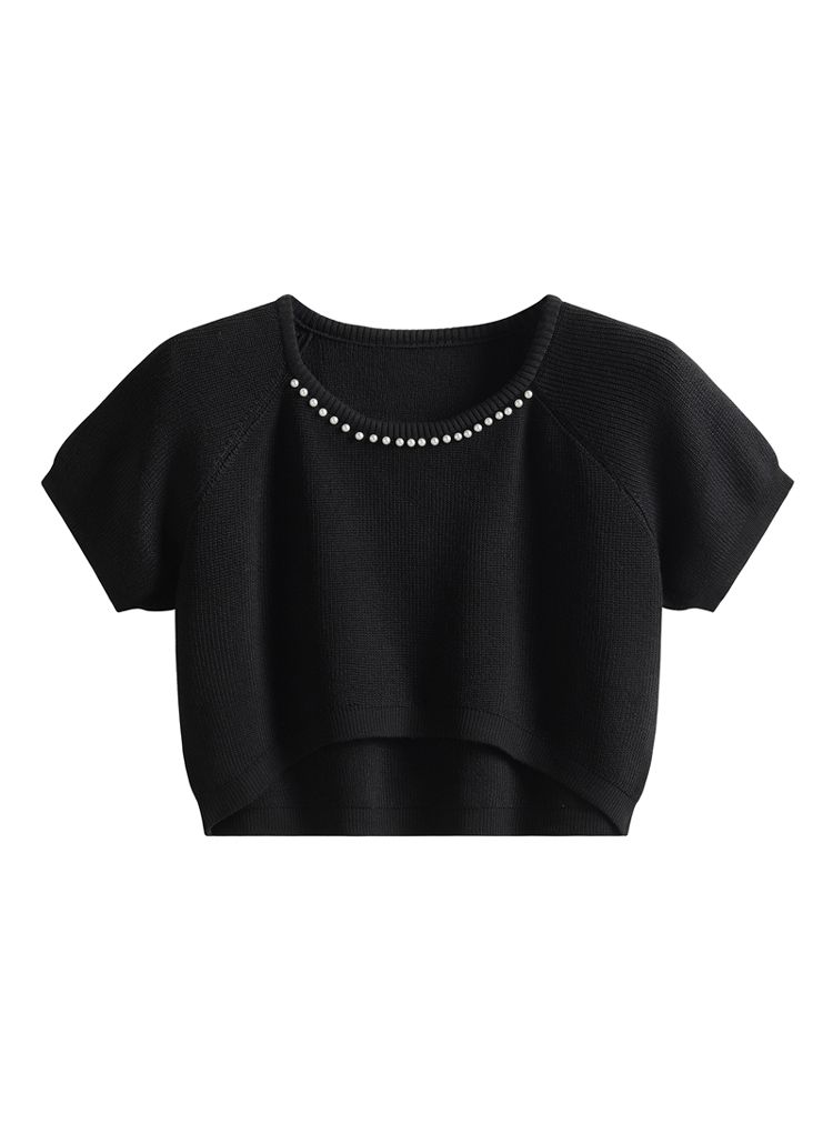 Short-Sleeve Pearly Neck Knit Top in Black