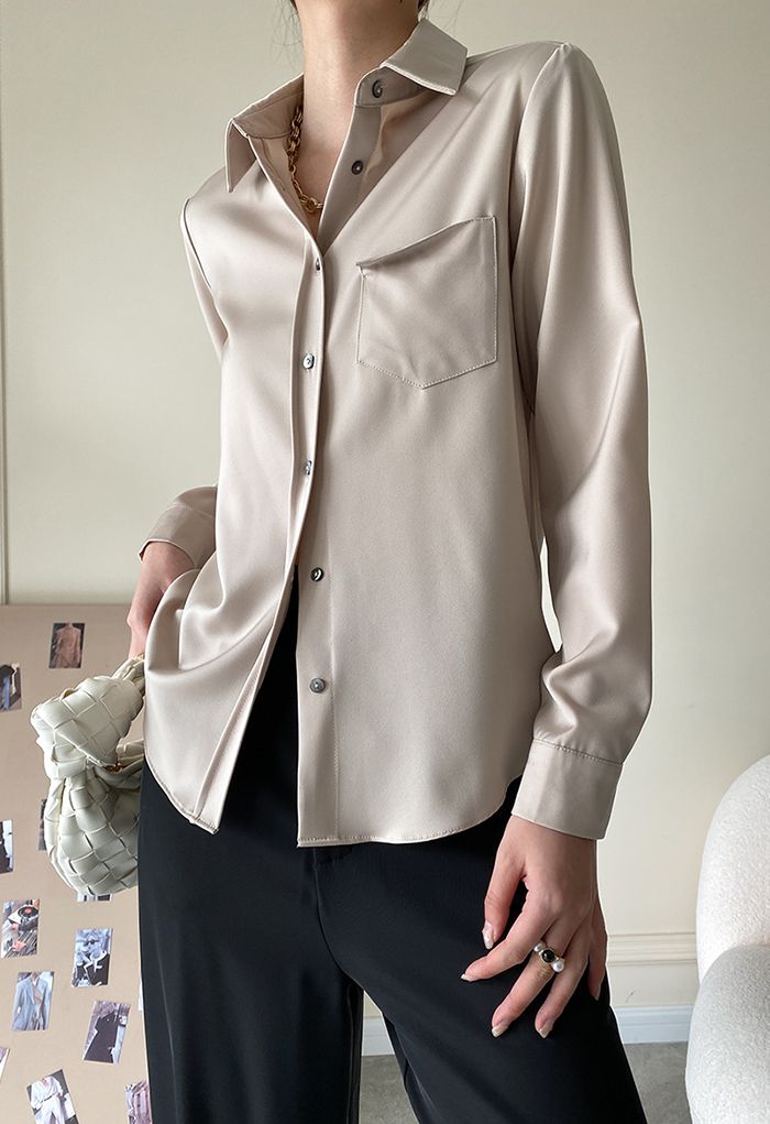 Front Pocket Satin Button Down Shirt in Champagne - Retro, Indie and ...