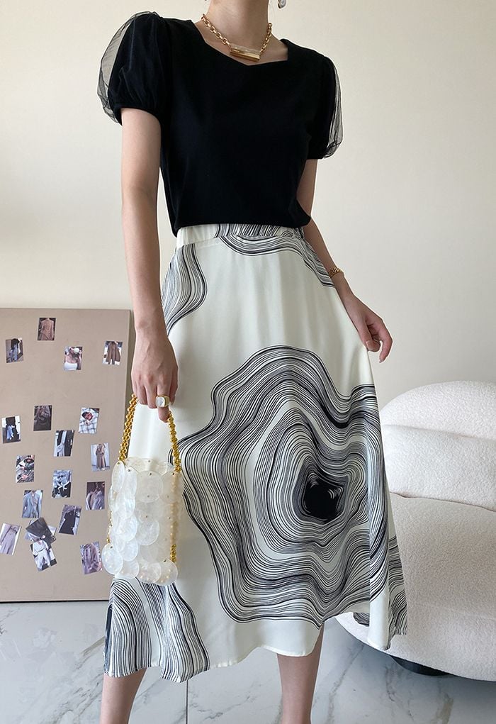 Abstract Printed A-Line Midi Skirt in White