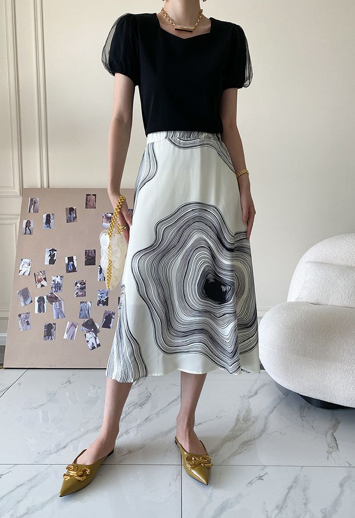 Abstract Printed A-Line Midi Skirt in White