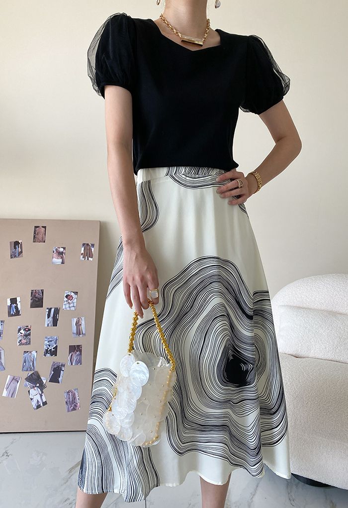 Abstract Printed A-Line Midi Skirt in White