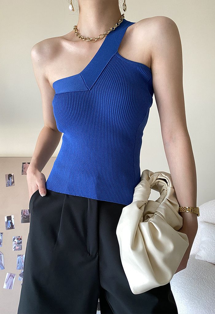 Single Strap Knit Tank Top in Indigo