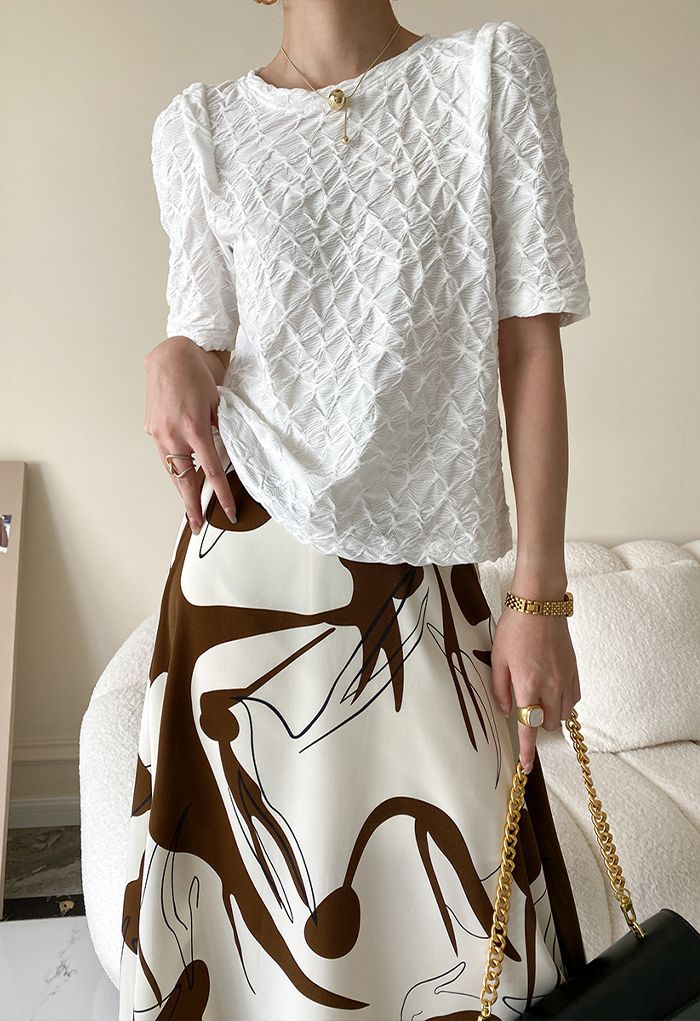 Irregular Texture Puff Shoulder Top in White