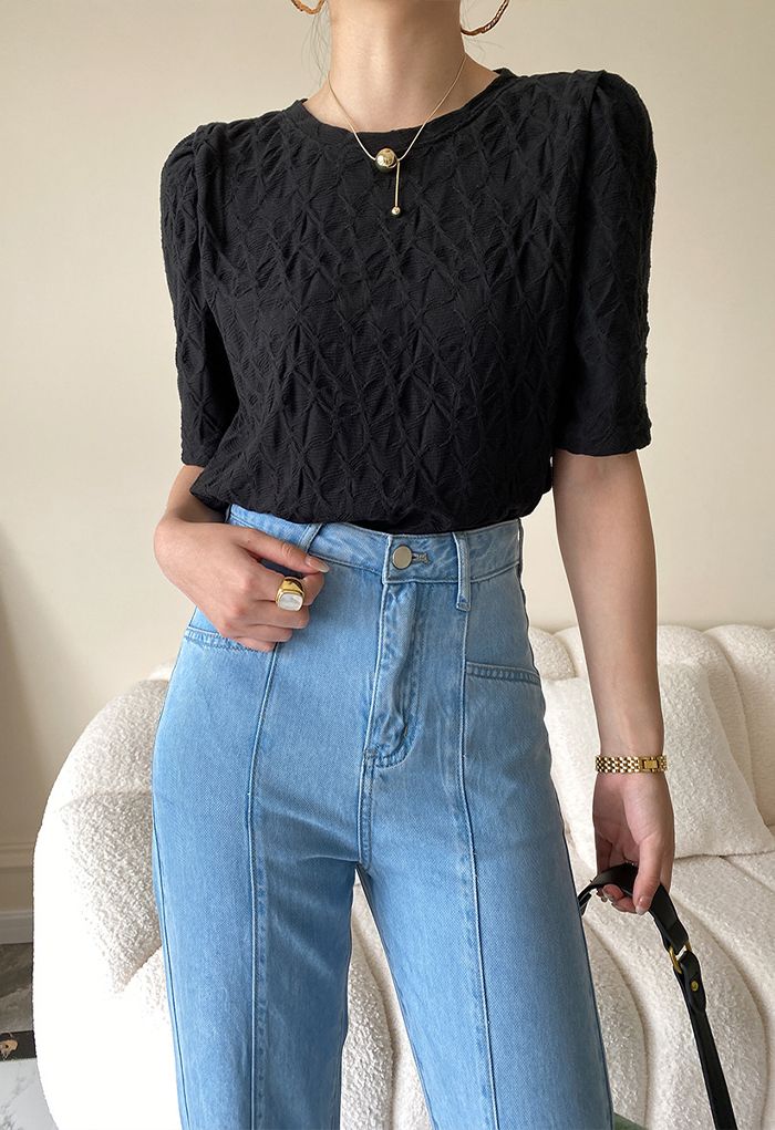 Irregular Texture Puff Shoulder Top in Black