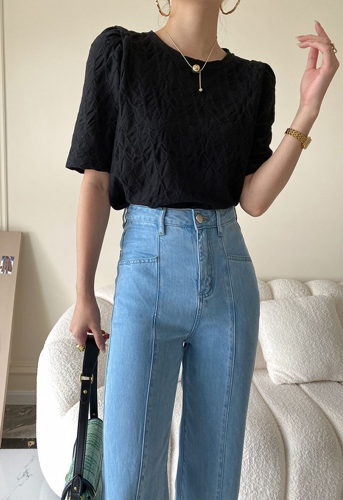 Irregular Texture Puff Shoulder Top in Black