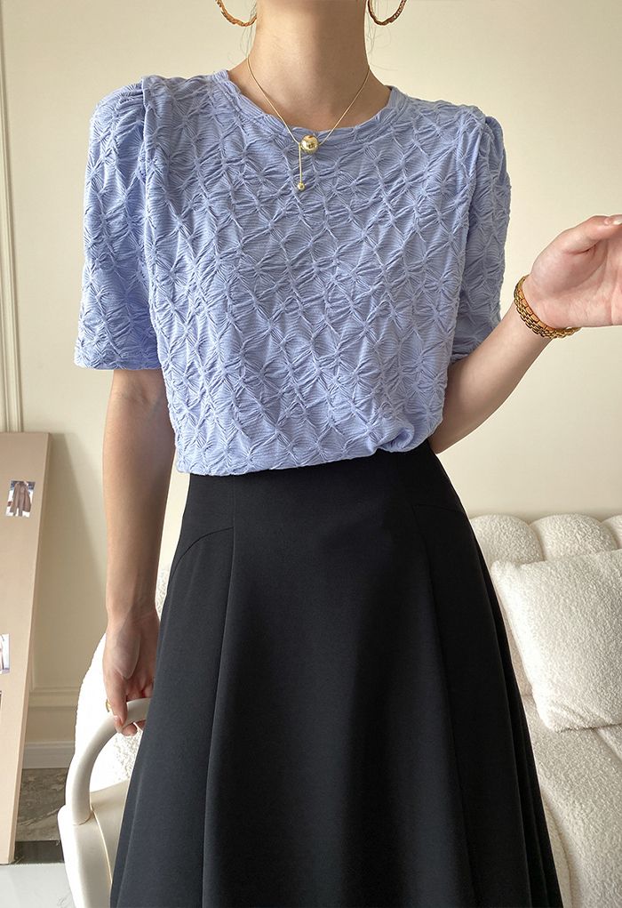 Irregular Texture Puff Shoulder Top in Blue