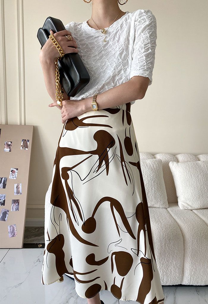 Artistic Printed A-Line Midi Skirt in Brown