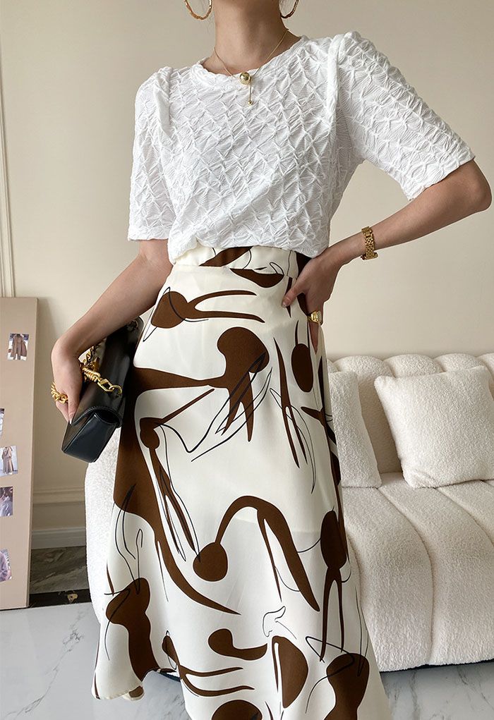 Artistic Printed A-Line Midi Skirt in Brown