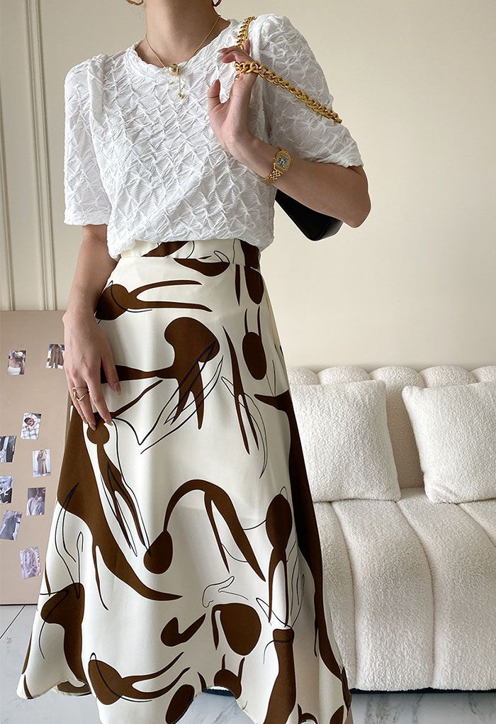 Artistic Printed A-Line Midi Skirt in Brown