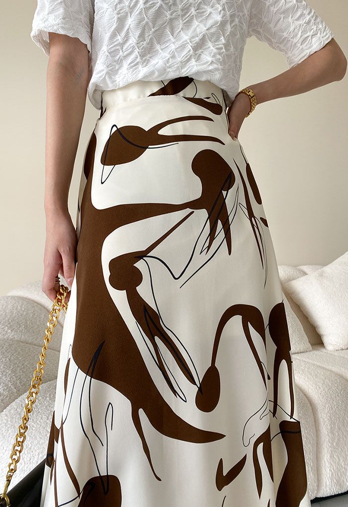 Artistic Printed A-Line Midi Skirt in Brown