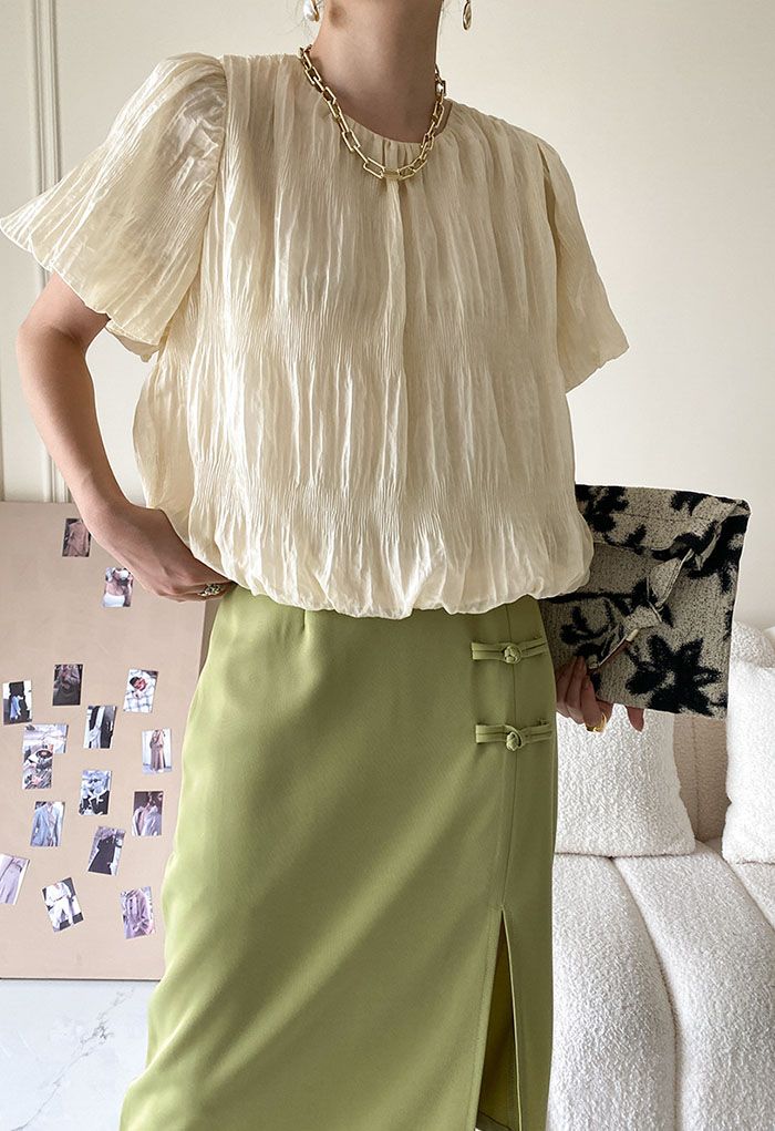 Ruched Detail Puff Sleeve Top in Cream