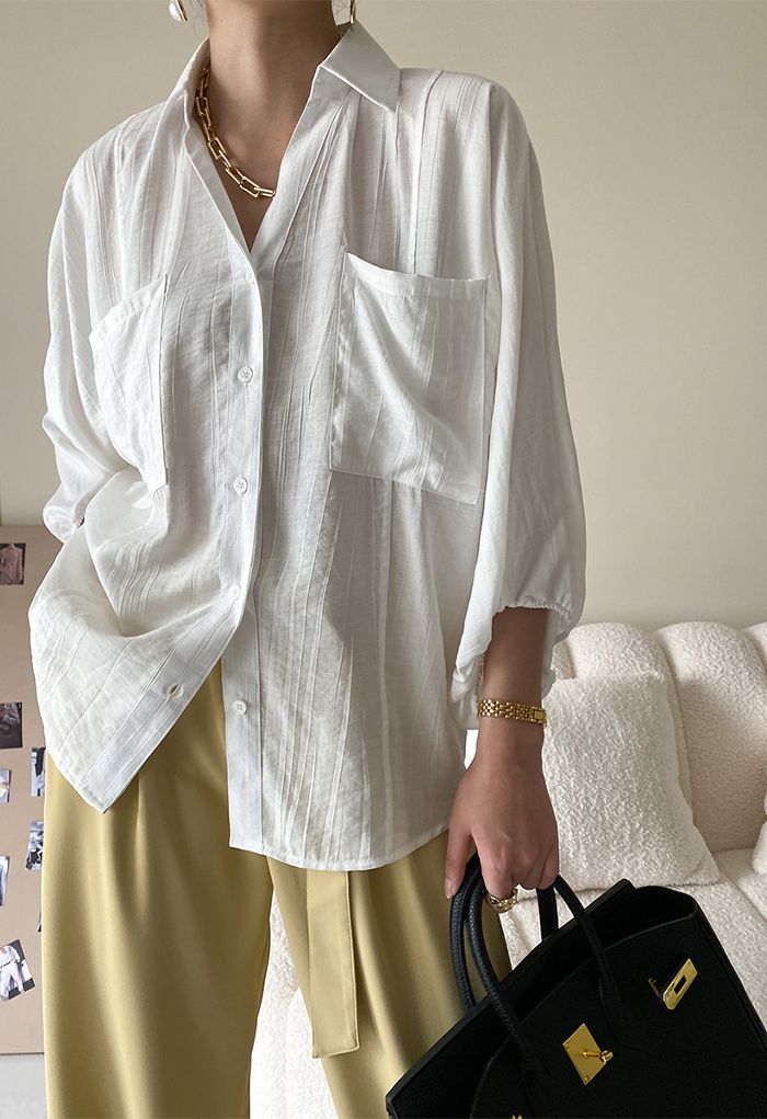 Button Down Bubble Sleeve Shirt in White - Retro, Indie and Unique Fashion