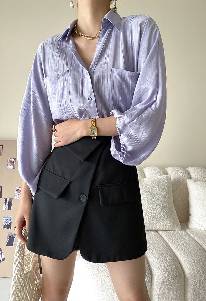 Button Down Bubble Sleeve Shirt in Lilac