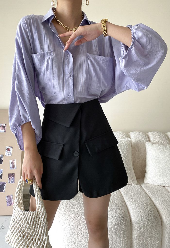 Button Down Bubble Sleeve Shirt in Lilac