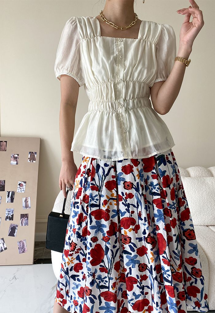 Square Neck Shirred Buttoned Top in Cream