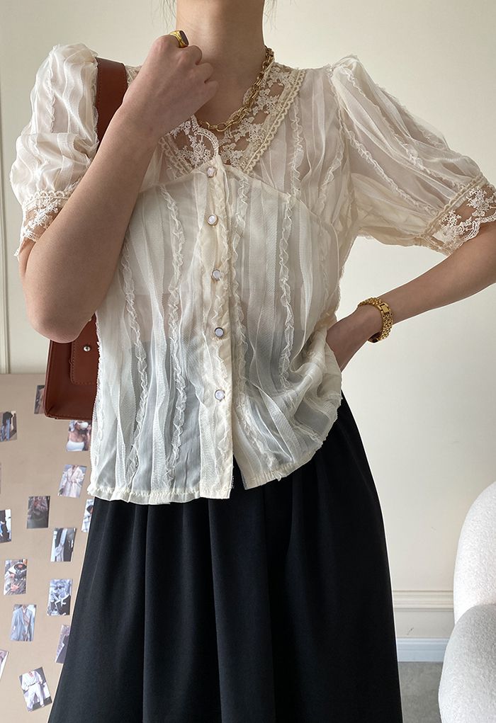 Ruffle Lace Embroidered Flower Top - Retro, Indie and Unique Fashion