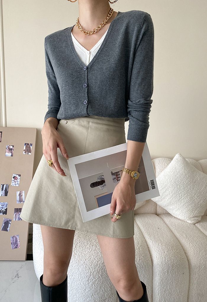 Fake Two-Piece Buttoned Knit Top in Smoke