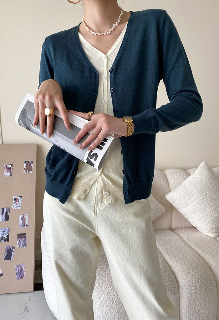 Fake Two-Piece Buttoned Knit Top in Teal