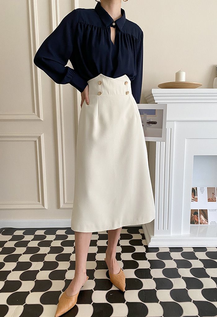 Asymmetric Waist Button Midi Skirt in Ivory - Retro, Indie and Unique ...