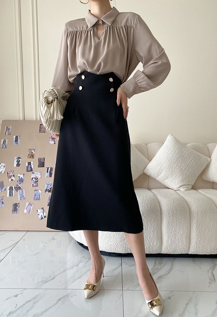 Asymmetric Waist Button Midi Skirt in Black - Retro, Indie and Unique ...