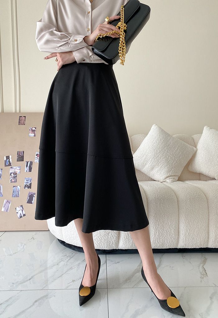 High Waist A-Line Midi Skirt in Black - Retro, Indie and Unique Fashion