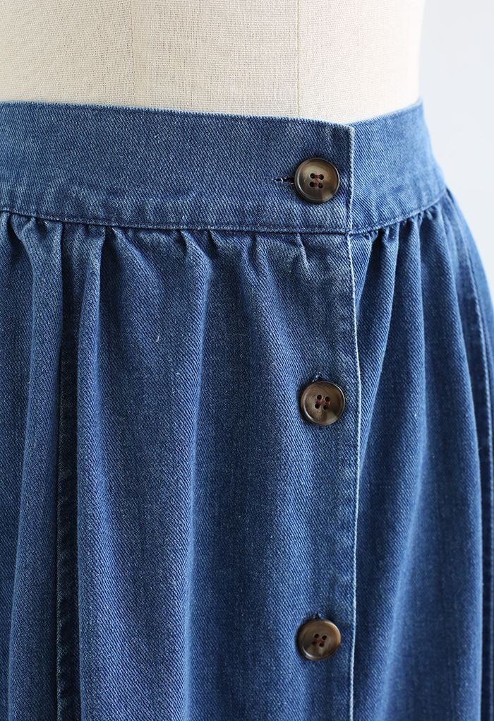 Button Down A-Line Denim Skirt in Blue