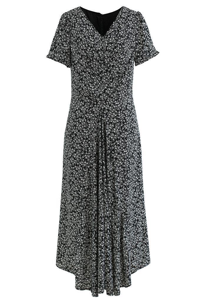 V-Neck Floral Ruched Chiffon Dress in Black - Retro, Indie and Unique ...