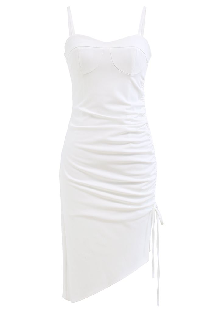Ruched Drawstring Slit Hem Cami Dress in White - Retro, Indie and ...