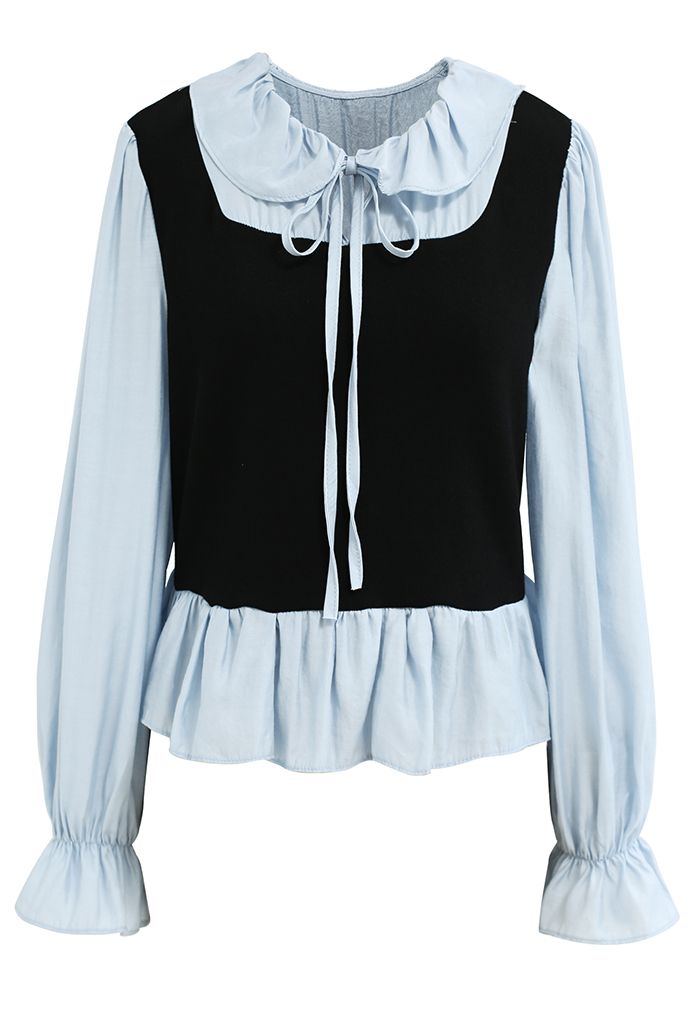 Doll Collar Self-Tie String Spliced Knit Top in Baby Blue