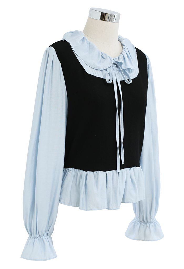 Doll Collar Self-Tie String Spliced Knit Top in Baby Blue