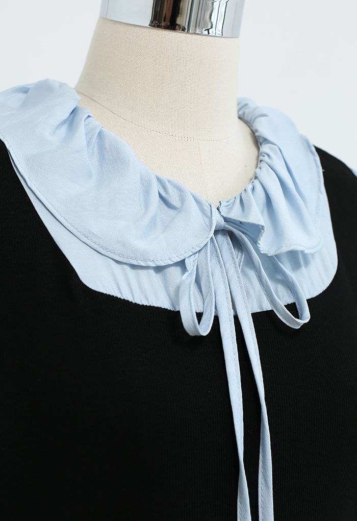 Doll Collar Self-Tie String Spliced Knit Top in Baby Blue