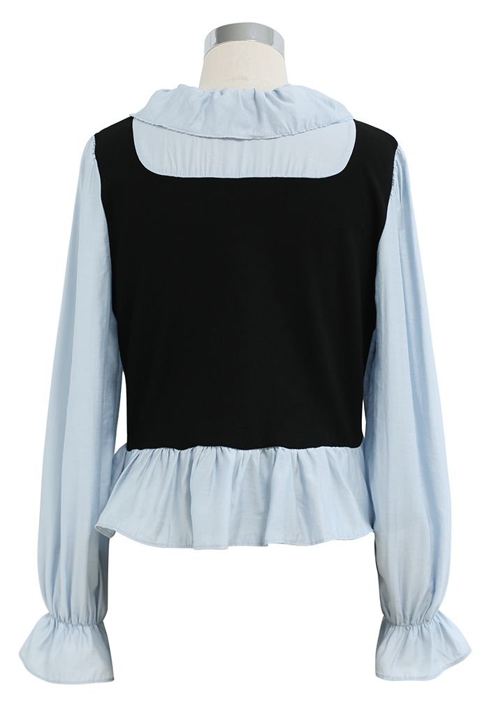 Doll Collar Self-Tie String Spliced Knit Top in Baby Blue