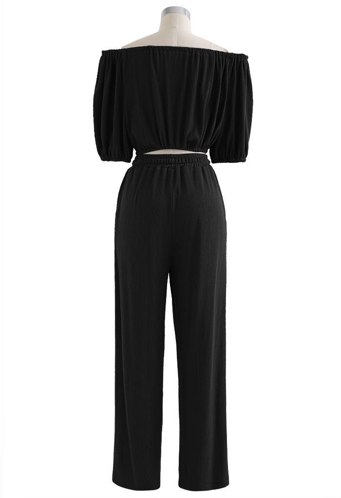 Off-Shoulder Crop Top and Pants Set in Black