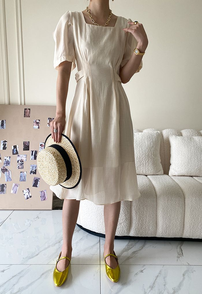 Stitch Waist Sheer Midi Dress in Cream - Retro, Indie and Unique Fashion