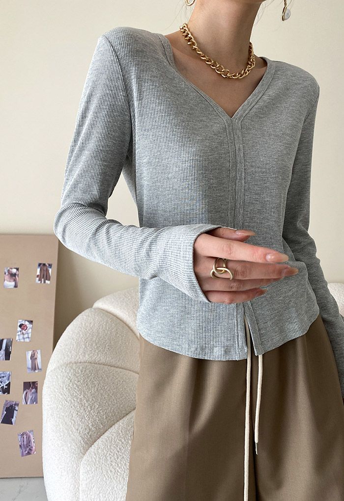 V-Neck Front Slit Knit Top in Grey