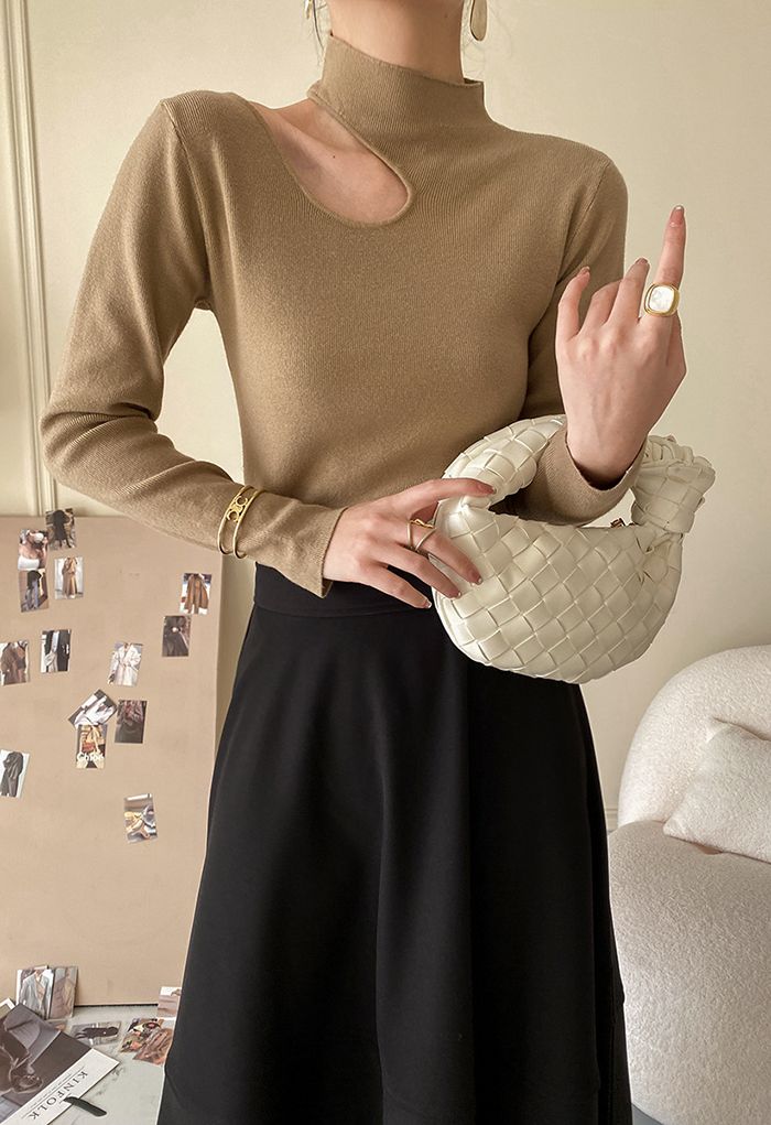 High Neck Cutout Shoulder Knit Top in Tan