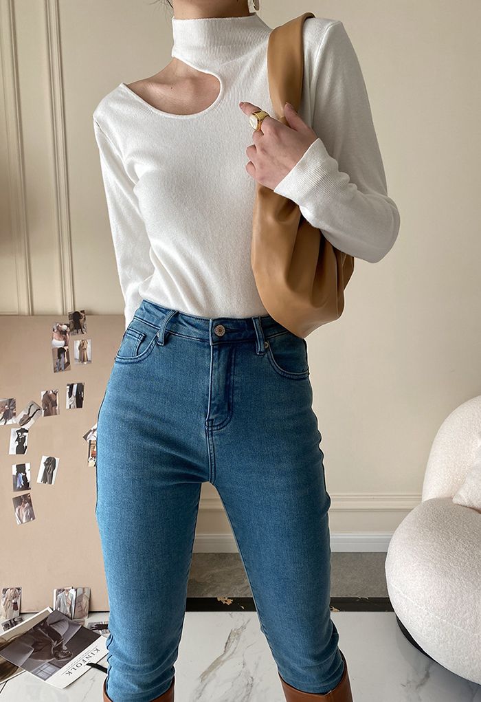 High Neck Cutout Shoulder Knit Top in White