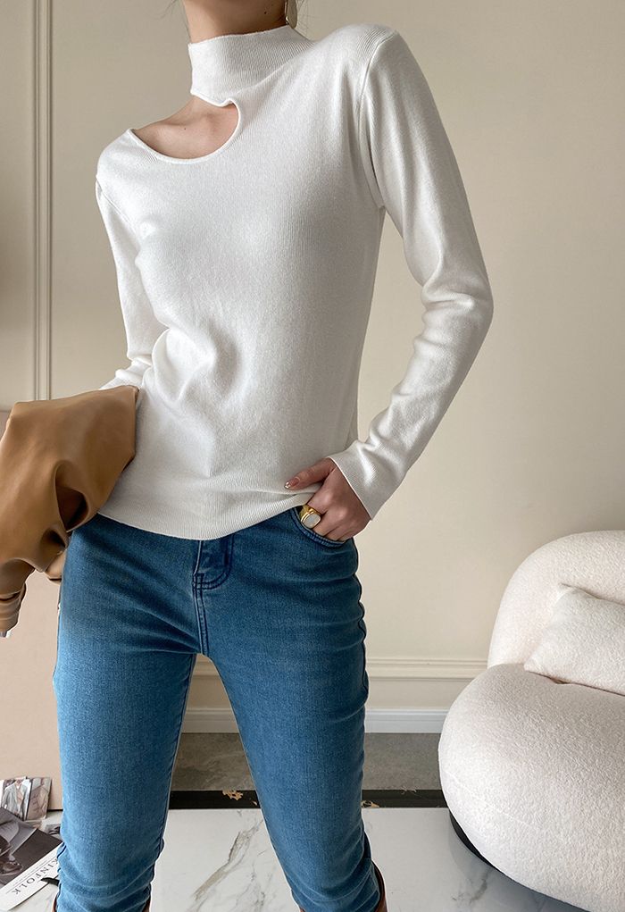 High Neck Cutout Shoulder Knit Top in White