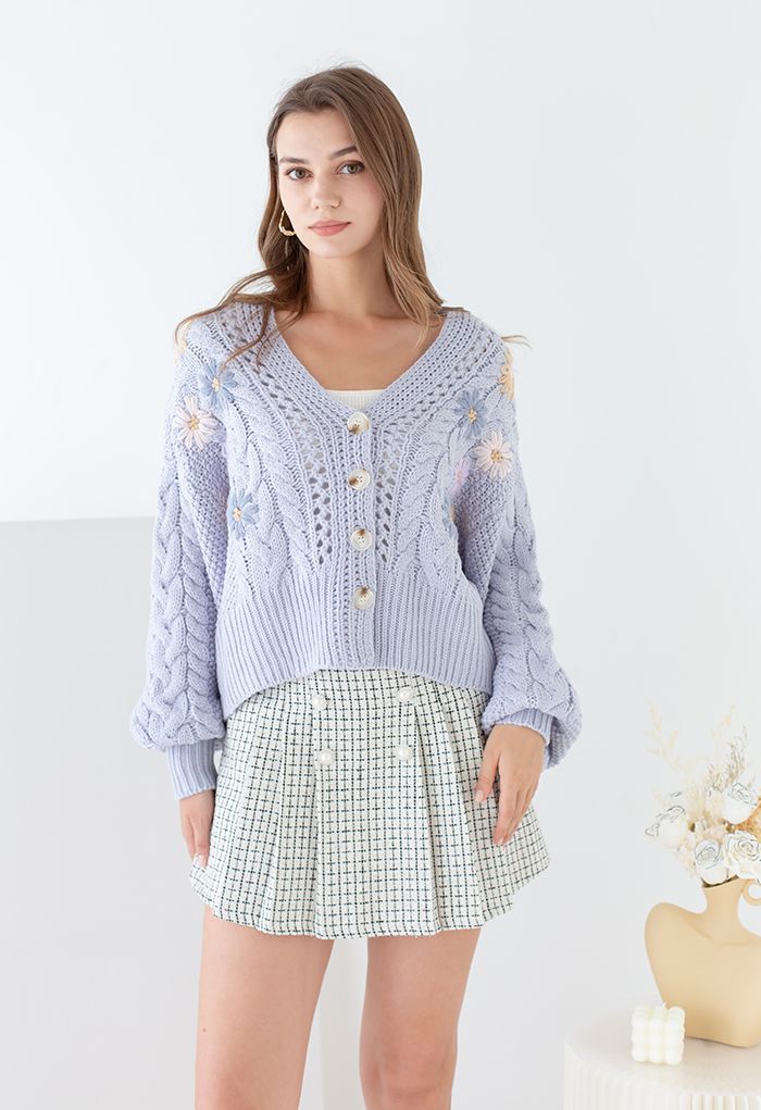 Stitched Flowers Braided Hand Knit Cardigan in Light Blue - Retro ...