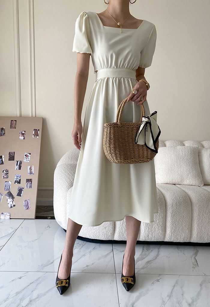 Square Neck Cutout Waist Bowknot Dress in Ivory - Retro, Indie and ...