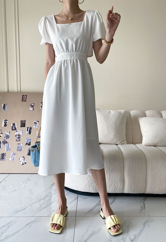 Square Neck Cutout Waist Bowknot Dress in White - Retro, Indie and ...