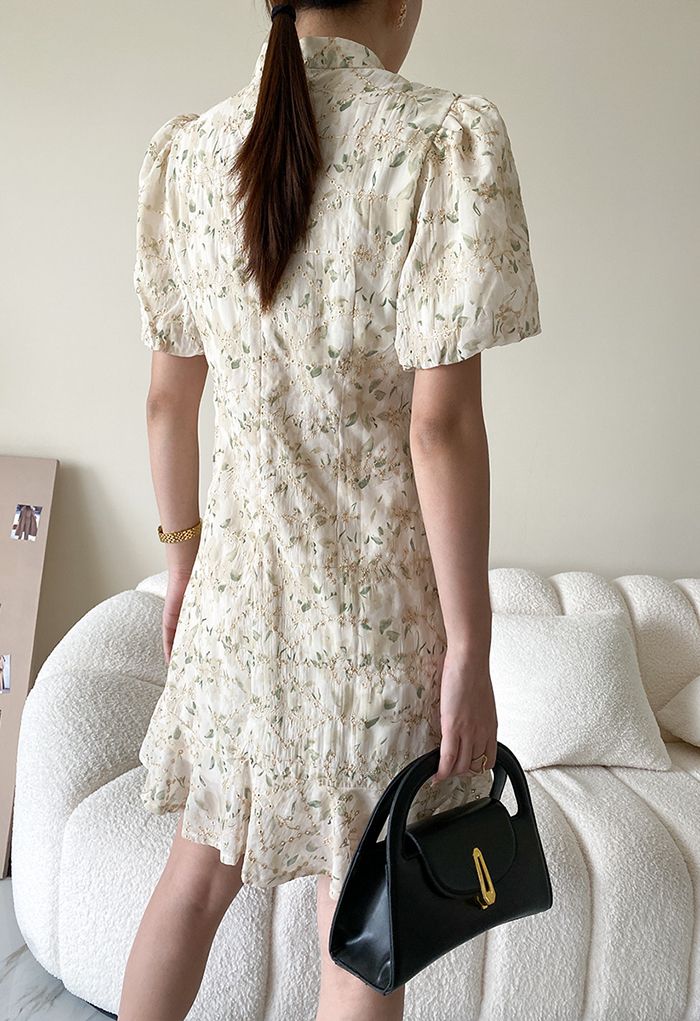 Vine Embroidery Puff Sleeve Mini Dress - Retro, Indie and Unique Fashion